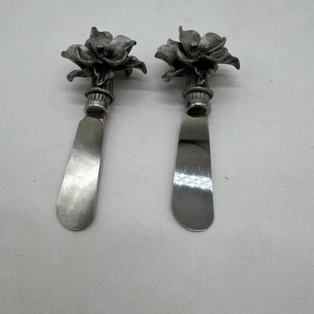 Vintage Pewter Magnolia Spreaders Set Of 2